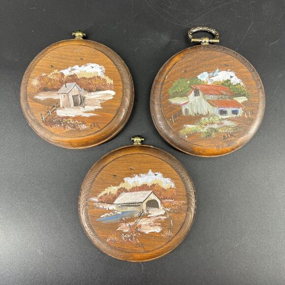 Set of 3 Vintage Hand painted Miniature Barn Landscape Wall Plaques Folk Art - Picture 1 of 11